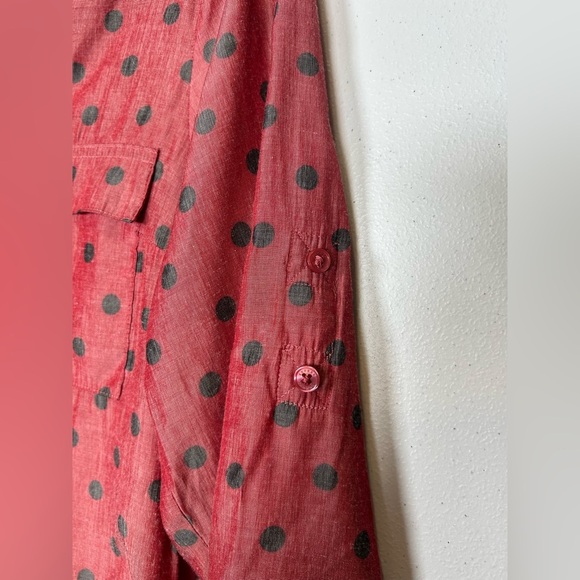 Express Brick Red Sheer Blouse w/ Gray Polka Dots. Buttoned Relaxed Blouse. - Picture 4 of 9